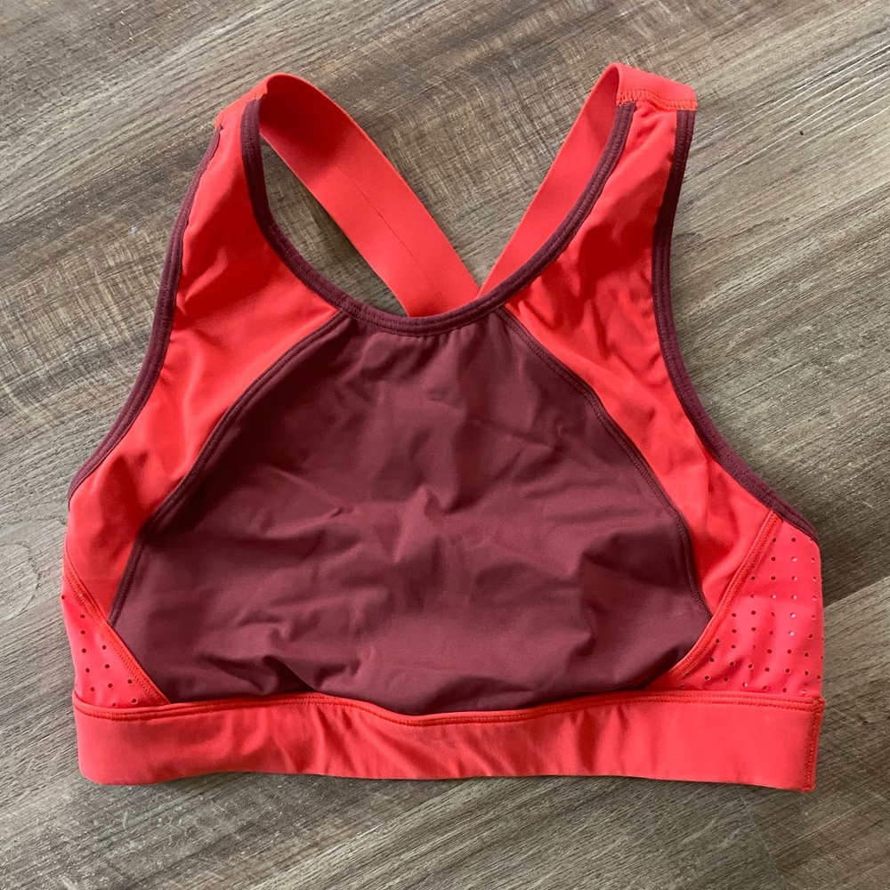 Athleta sports bra, maroon and orange, racer back, size small